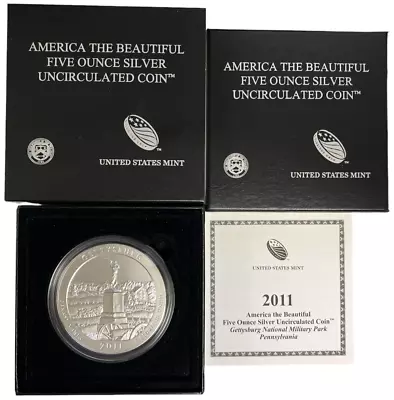 2011 America The Beautiful 5oz Uncirculated Coin Gettysburg  US Mint NP6 COA • $279.95