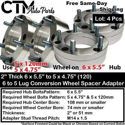 4x 2  6x5.5(6x139.7) To 5x4.75(5x120) Conversion Wheel Adapter Spacer Fit Chevy • $150.87