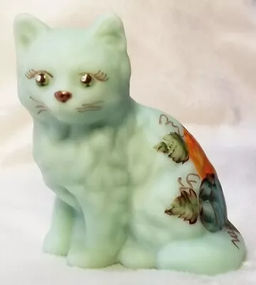 Mosser Art Glass Sitting Kitty Cat Green Satin Jadeite W Hand Painted Pumpkins • $25.49