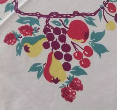 Vintage 50s Printed Cotton Tablecloth Fruits Cherries Strawberries Pears 58  • $38.99