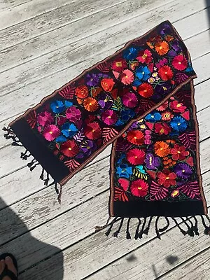 Black Floral Mexican Embroidered Table Runner Chiapas Rainbow 96 X16  121 • $99