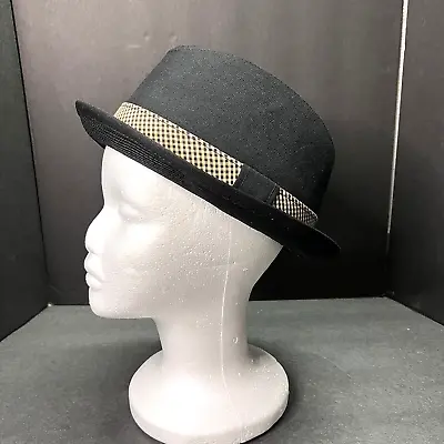 Vtg Dawson 5th Ave Men's Cotton Fedora Stingy Brim Black W/Checked Band Sz 7 1/4 • $52.69