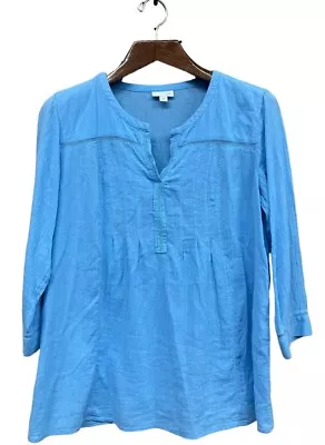 J. Jill Top V-Neck Cotton Tunic Blue 3/4 Sleeve Henley Gauzy Women’s Size Small • $20