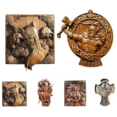 Wood Odin Ravens Viking Mythology Icon Wall Statue Norse Thor Wood Gods Carving • £21.30