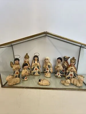 Mexico Clay Pottery 12 Pc Nativity Set Folk Art White & Gold HAS BLEMISHES/crack • $20