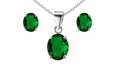 925 Sterling Silver Emerald Oval Cut Pendant Necklace And Earring Set For Women • $14.99