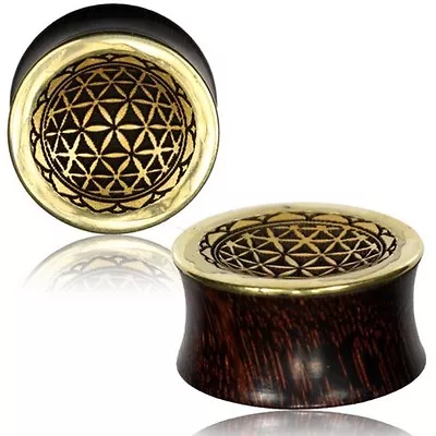 Wood Plugs Brass Bezel Gold Leaf Laser Cut Flower Of Life Tunnels Gauges Gauge • $15.19