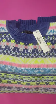 J Crew NWT Wool Mohair Fair Isle Thick Knit Crewneck Sweater XS Multi Neon NEW • $99.99