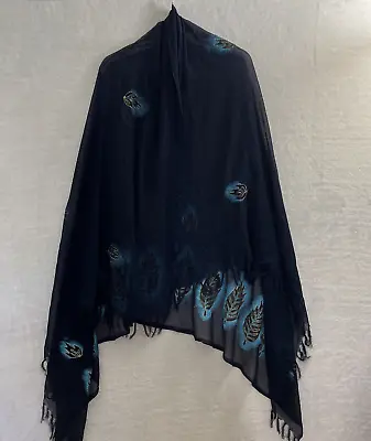 Unbranded Scarf Shawl Womans One Size Geometric Feathers Navy Blue Fringed • $8.69