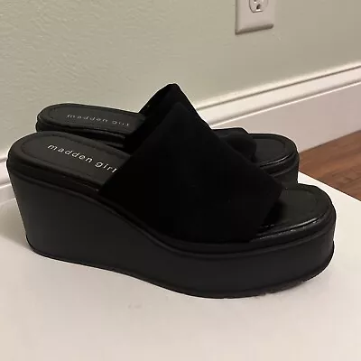 Madden Girl Wesley Black Wedge Slide Sandals 3-1/2  Platform Size 5.5  EUC • $13.50