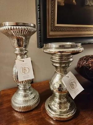 Ballard Designs Pair Of (2) Silver Mercury Glass Pillar Candlestick Holders • $58.99