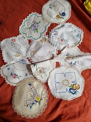 10 Vintage  Hand Embroidered Doilies White Ecru Florals Fan Pansies Scrolls Lace • $25.83