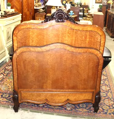 French Antique Carved  Louis XV Rosewood & Maple 3/4 Size Bed W. Rails • $2000