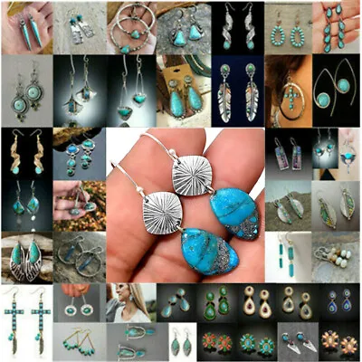 Vintage Silver Turquoise Moonstone Earrings Ear Hook Dangle Drop Jewelry A Pair • $2.26
