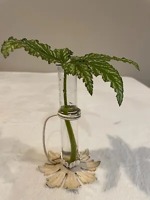 Vintage Metal Test Tube Bud Single Flower Vase Off-white Ornate Leaves • $12