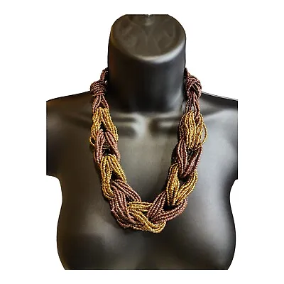 Vintage Costume Jewelry Brown & Gold Seed Beaded Knotted Statement Necklace • $14