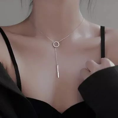 Silver Colour Bar Pendant Trendy Chain Fashion Necklace Long Lariat Jewelry • £3.50
