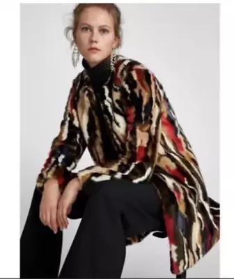 NWT ZARA Multicolor Faux Fur Mid-Length Coat Sz Small • $75