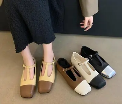 Womens Fashion Elegant Square Toe Color Matching T-strap Flats Mary Jane Shoes • $44.58
