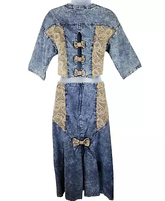 Vintage Denim Jacket And Skirt Women 9 Blue Jacquard Maxi Acid Wash Jean Set USA • $199.99