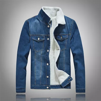 Men Sherpa Fleece Fur Lining Denim Jacket Lined Tops Coat Collared Parka Coat • $94.31