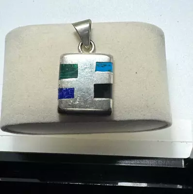 Vintage Sterling Silver Inlay Onyx Turquoise Lapis Malachite Pendant • $28.99