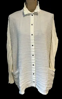 Babette Ivory Crinkle Blouse Snap Front Top Size L Semi Sheer Lagenlook Pockets • $49.99