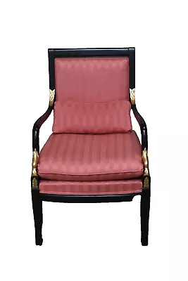 Ethan Allen Ebonized Arm Chair W Silk Striped Fabric Gilt Dolphin & Pillow • $999