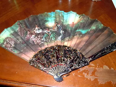 VINTAGE SPANISH HAND FAN  Painting By TOMAS SALA GABRIEL Black/Gold Trim • $40