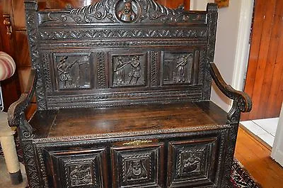 Antique 18th Century Oak Flemish Settle/CofferHand Carved Decoration C1720 • £4995