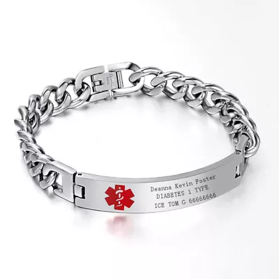 Men Medical Alert ID Chain Bracelet Wristband DIY Free Engraving Stainless Steel • $13.99