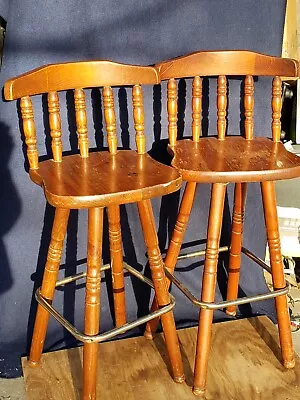 Vintage Pair - Oak Wood Swivel Bar Stools Rustic Country Colonial. • $275