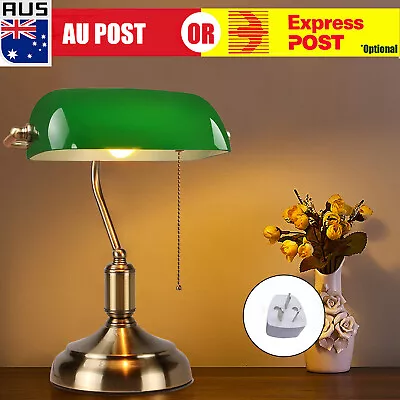 Retro Vintage Antique Green Brass Banker Lounge Lamp Table Office Desk Light F • $59.99