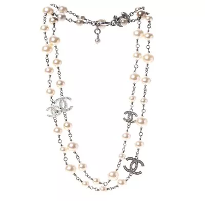 CHANEL Necklace Chain AUTH Coco 5 CC Logo Crystal Pearl 41 Inches • $1499