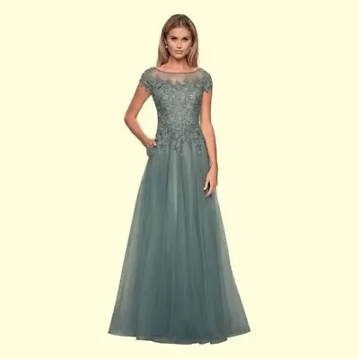 La Femme Slate Blue Shimmer Embroidered Cap Sleeve Tulle A-Line Gown Size 6 $575 • $159.98