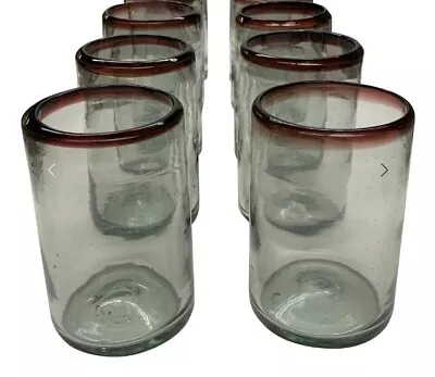 Pier 1 Mexican Hand Blown 16oz Purple Rim Glasses 5¾  Set Of 6 Barware Excellent • $44