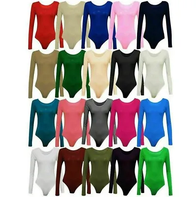 Ladies Women Scoop Neck Bodysuit Long Sleeve Leotard Plain Stretch Top Casual • £5.49