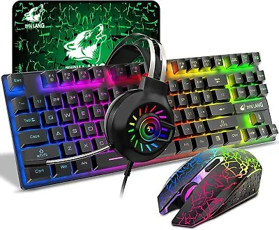 Wireless Gaming Keyboard Mouse And 3.5mm Headset & Mat Combo 87 Keys RGB Backlit • $69.89