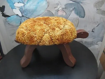 Vintage 70s Wooden Turtle Footstool Upholstered Shag Orange Mid Century Retro • $49.99