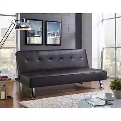 Modern Convertible Black Faux Leather Futon Couch Sleeper Sofa Bed Loveseat Blac • $199.96