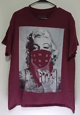 POPULAR POISON Large Maroon Marilyn Monroe Graphic T-Shirt W Bandana Mask Tattoo • $16