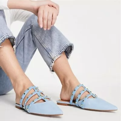 Wide Fit Studded Flat Caged Mules In Powder Blue Faux Suede UK Size 6 BNIB • £14.99