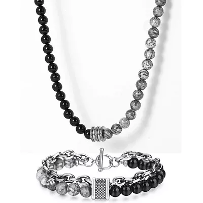 8MM Natural Jasper Stone Black Glass Beaded Necklace Bracelet Set For Men Unisex • $13.99