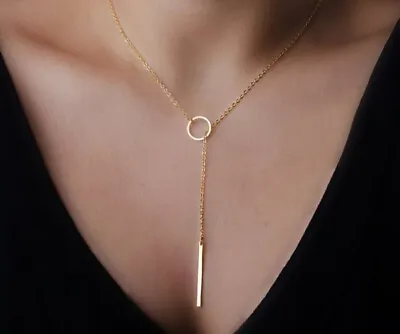 Simple Silver Gold Plated Long Chain Bar Pendant Ring Choker Necklace Women Girl • £3.99