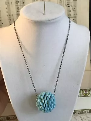 Necklace Beaded Lentil Beads On Brass Chain 34”  Teal Blue • $48