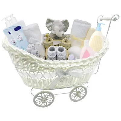 Pram Basket Gift Large Wicker Hamper For Boy Girl New Born Baby Shower Part • £13.95