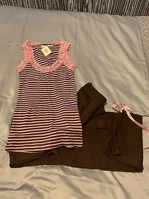La Senza Ladies Pyjama Set Vest & Long Leg Pink & Brown Stripe 6 • £10