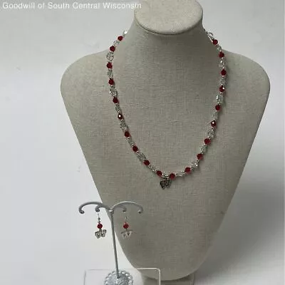 925 Silver Red & Clear Austrian Crystal U.W Wi 19 Inch Necklace & Earring Set • $19.99