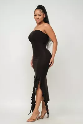 Black Solid Bottom Ruffle Trim Hem Slit Tube Maxi Dress  Size M • $27.50