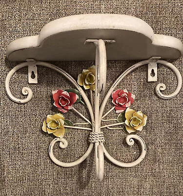 Vintage Scalloped Edge Shelf  12x6 Shabby Chic Metal Flowers & Base Wood Top • $24.95